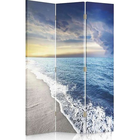 Paravent Décoratif 3 Panneaux Motif Plage et Mer - 110 x 180 cm - 1 face déco, 1 face noir