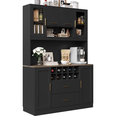 ELVMI Credenza da Cucina Alta con 6 Ante, 2 Cassetti, Portabottiglie, LED e Prese USB, per Cucina, in MDF, Nero (1/5)