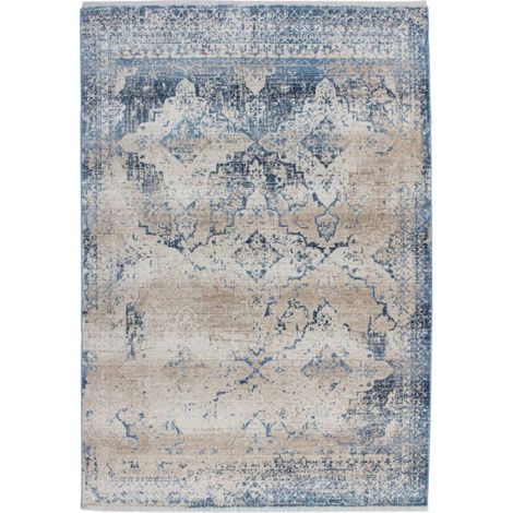 Tapis Imprimé Tissé à la Main "Antigua" Crème & Bleu 80 x 150 cm (1/4)
