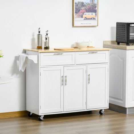Chariot de cuisine en bois blanc avec 2 tiroirs, 3 portes et 4 roulettes - 121x46x91 cm (1/5)