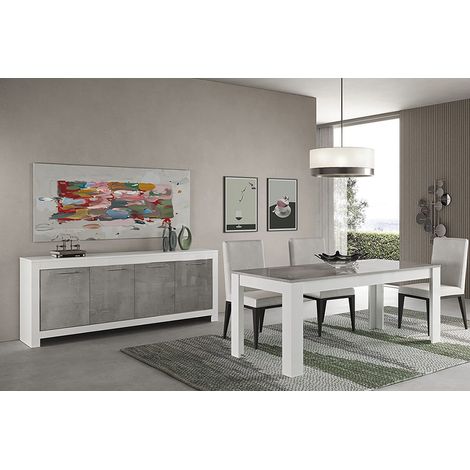 DENAE - Ensemble Séjour Blanc et Gris Marbré Table 160cm + Buffet 4 Portes (1/4)