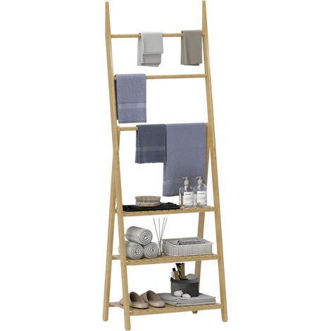 Étagère salle de bain en bambou pliable 3 niveaux étagère à échelle porte-serviettes 53,5x30x153cm effet bois naturel (1/5)