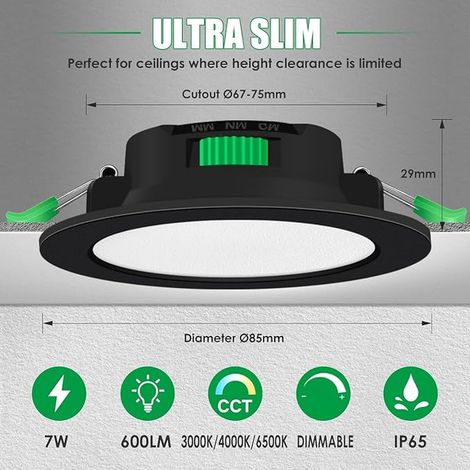 Spot LED Encastrable 68mm,7W Led Spot Dimmable AC 220-240V,3000K 4000K 6500K Étanche IP65 Réglable Plafonnier Encastré pour Salle de Bain,Salon,Chambre,Cuisine,Rond,Noir (1/4)