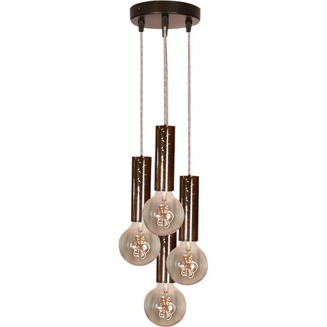 Kit de Suspension plafonnier noir, 3 câbles tissu gris chiné long. 3m, 5 douilles E27 noires effet matelassé - Tibelec (1/5)