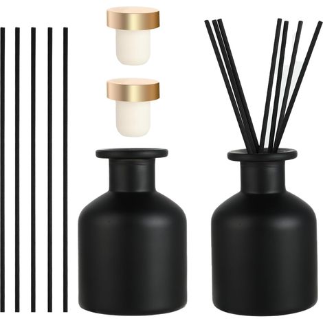 2 Bouteilles Diffuseur - Bouteilles Diffuseur en Verre - avec 12 Bâtonnets et Bouchon - pour Parfum d’Ambiance et Aromathérapie - Idéal pour Maison, Bureau, Rechange DIY (Noir) (1/5)