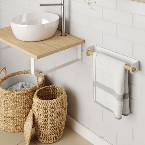 Toallero de baño Adhesivo fabricado en acero-madera y acabado blanco mate - haya Peso máx.: 5kg Medidas 45x7x9,3cm Incluye adhesivo extra fuerte para fijar a la pared - (1/5)