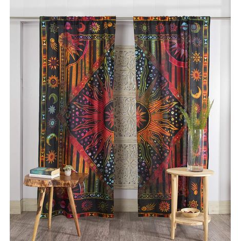 CCYKXA Beliebte handgefertigte Fenstergardinen im Bohème-Stil mit Mandala- und Sonnenmotiv – Indisches Design mit brennender Sonne und Mond – fürs Schlafzimmer (1/5)