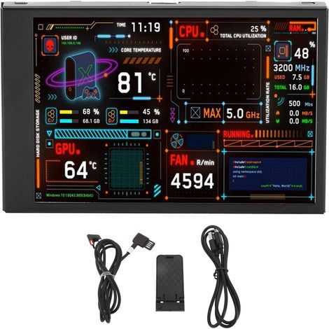 Écran de surveillance PC 3,5 pouces avec ports USB double et éditeur de thèmes visuels pour GPU, RAM, HDD