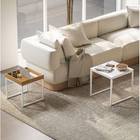 Mesa de centro 2 piezas 45x45x45 cm blanca en acero y MDF con bandeja extraíble (1/5)
