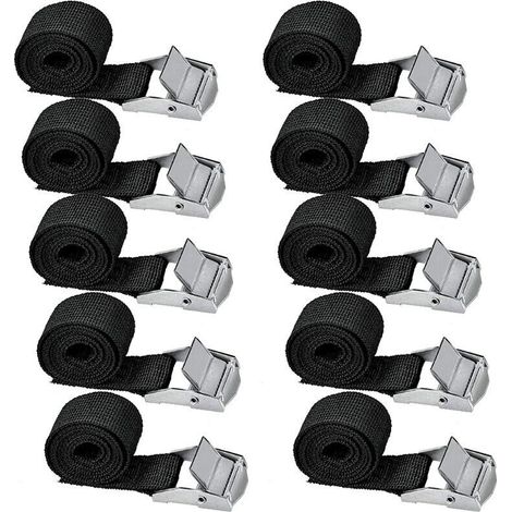 Lote de 10 correas de amarre de 239 cm – Carga máxima 500 kg – Hebilla metálica – Para moto, coche, portabicicletas – Negro - 10 unidades (1/5)