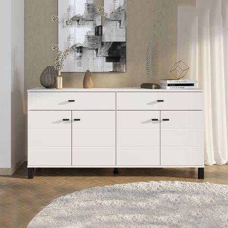 Aparador Barich, Mueble 3 Estantes, 2 Cajones, 4 Puertas, 154x35x78h cm Blanco (1/5)
