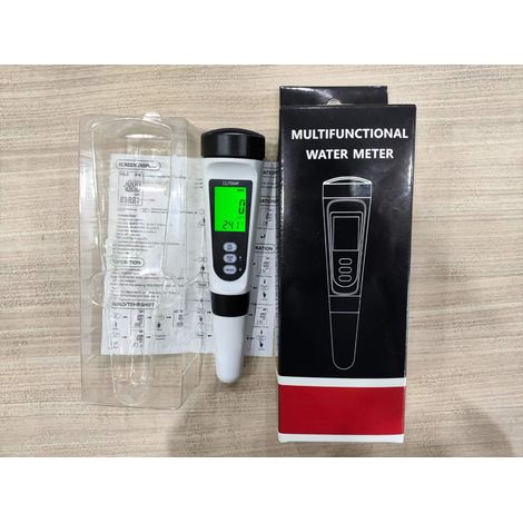 Testeur numérique de qualité de l'eau 4-en-1 (pH, TDS, EC, Température), écran LCD rétroéclairé en vert, boîtier blanc et noir, kit portable pour aquarium (1/5)