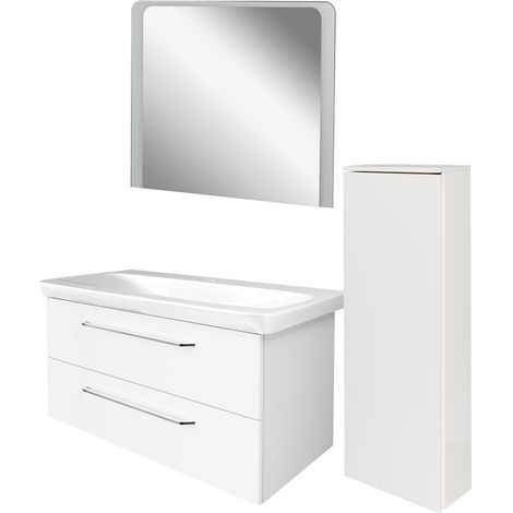 Fackelmann MILANO Badmöbel Set 4-teilig, 100 cm, Weiß, Keramik, LED-Spiegel + Kofferschrank rechts"-"90305145 (1/3)