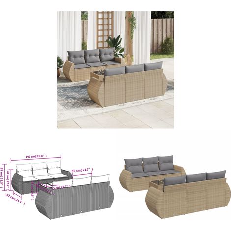 7-tlg. Garten-Sofagarnitur mit Kissen Beige Poly Rattan - Gartenmöbel Set - PE-Rattan Möbel - Outdoor Sofa - Esstisch - Lounge Set - Home & Living (1/3)