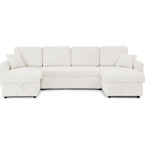 Deco In Paris – Canapé convertible panoramique 287 cm – 2 places – Coffres de rangement – Velours gros côtelé beige – Couchage 257 x 115 cm (1/5)
