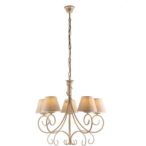Lampadario vienna ferro Avorio Oro cinque luci paralumi tessuto 60x h58 cm (1/2)