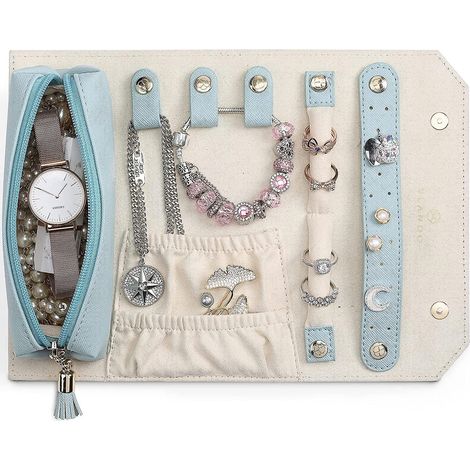(blu)trousse Bijoux De Voyage Velours, Bote De Rangement Portable Pour Bagues, Boucles D'oreilles, Colliers, Bracelets Et Montres (1/5)