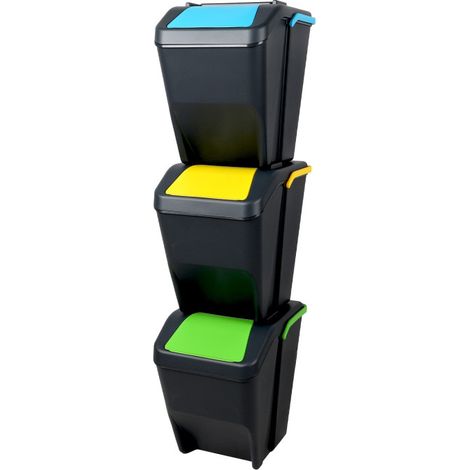 Lot de 3 poubelles de tri empilables 25 L - Bleu + Jaune + Vert - 75L de recyclage - Livraison gratuite (1/4)