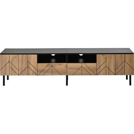 Mueble TV 180x40x45 cm con 2 cajones y 2 puertas, tablero de partículas, negro y madera natural (1/5)