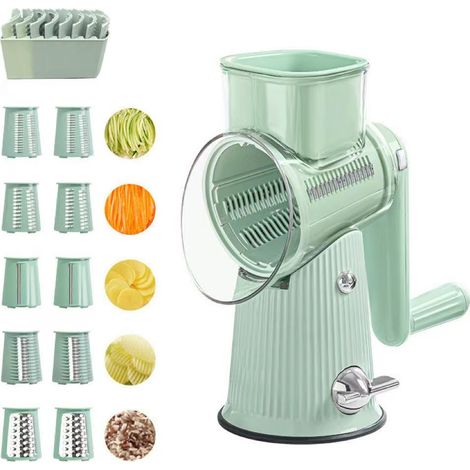 Râpe À Fromage Rotative - Râpe À Légumes Avec 10 Lames - Base À Ventouse Puissante - Râpe Mandoline Ronde Et Hachoir Pour Cuisine - Boîte De Rangement Pour Lames - Vert (1/5)