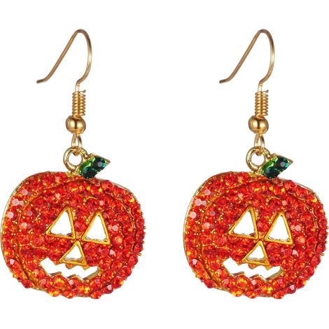 Boucles d'oreilles pendantes citrouille en cristal pour Halloween - Cristal rouge hypoallergénique, motif visage souriant, bijoux de déguisement festifs pour femmes (1/5)