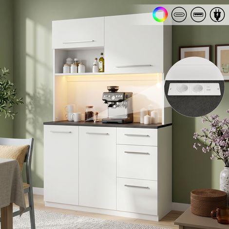 Buffet haut cuisine 120 x 40 x 180 cm rangement multi niveaux LED multicolore prises USB A C étagères réglables blanc (1/5)