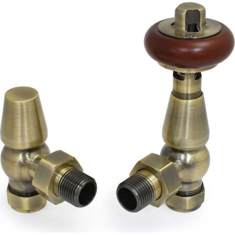West Eton Traditional Angled Manual Radiator Valve and Lockshield - Antique Brass (1/5)