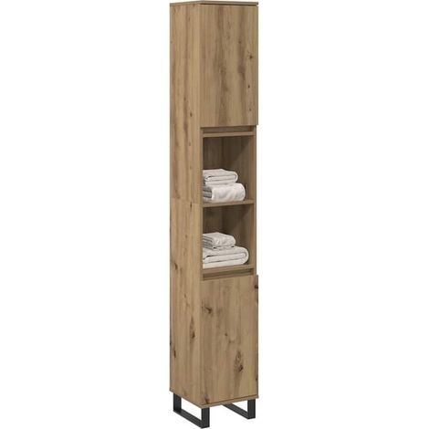 Meuble de Salle de Bain en Chêne Massif 30x30x190 cm - Armoire de Rangement Verticale avec Étagères, Design Rustique pour WC ou Entrée (1/5)