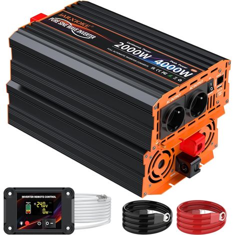 Onduleur Sinusoïdal Pur 2000W Convertisseur de Tension,Conversion 24V vers 230V Stable,Électricité Aussi Sûre Qu’à la Maison,Protection Complète,Télécommande LCD,pour Caravane,Camion,Énergie Solaire (1/5)