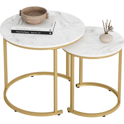 Lot de 2 tables basses rondes en métal doré pour table de canapé, salon, chambre à coucher, aspect marbre blanc avec pieds dorés (1/5)