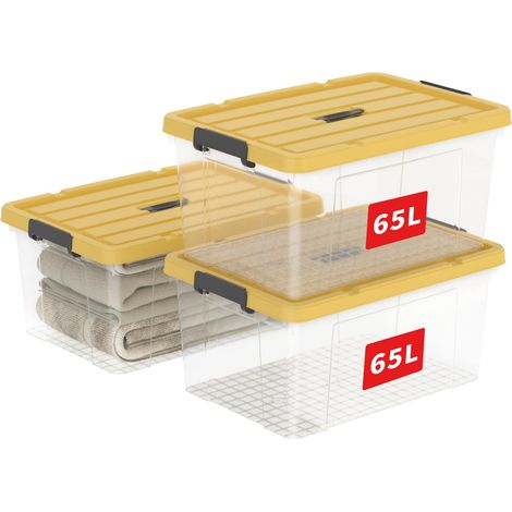 Boîte de Rangement, Bac de rangement avec Poignée, Plastique Organisateur avec Couvercle, Empilable, Transportable, pour Vêtements, Bureau, Chambre, Dortoirs, Clair (1/5)