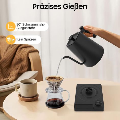 Schwanenhals Wasserkocher Elektrischer Teekocher, 1L Teekessel mit LED-Anzeige & Warmhaltefunktion, Gooseneck Kettle Temperatureinstellung 40-100°C, Edelstahl Kaffee Wasserkocher, Schwarz (1/5)