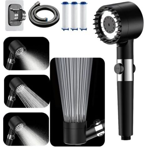 Pommeau de douche haute pression avec flexible de 1,5 m et support, 4 modes, bouton d'arrêt d'eau [Classe d'efficacité énergétique A+++] (1/4)