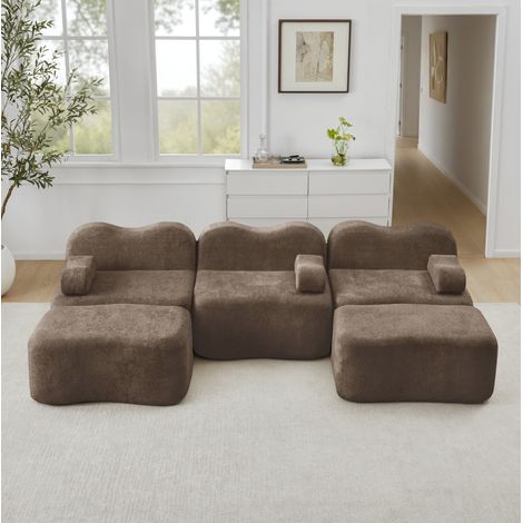 Modulares U-förmiges Sofa braun Samt mit 2 Hockern, tiefer Sitzfläche und beweglichen Armlehnenkissen (1/5)