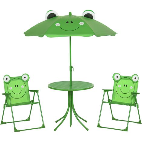 Kids Folding Picnic Table Chair Set w/ Parasol, Green (1/5)