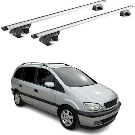 OMAC Dachträger Aluminium TÜV geprüft für Opel Zafira A 1999-2005 – Für Standard Dachreling – T Nut – Max 90 kg – 2 Schlösser Silber (1/5)