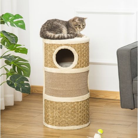 Arbre à chat tonneau en peluche marron, 3 niveaux avec tapis griffoir et repos, 37,5 x 37,5 x 70 cm (1/5)