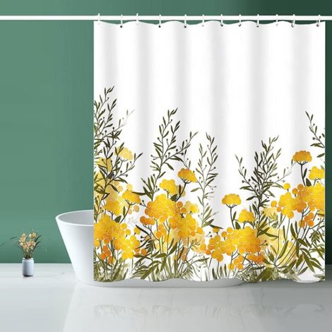 Rideau de douche en tissu, doublé, motif floral jaune. (1/5)