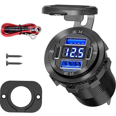 Presa USB 12V aggiornata - Adattatore per caricabatteria da auto 4 in 1 con presa di ricarica in alluminio QC3.0 con voltmetro per auto, barca, nautica, camion, golf, camper