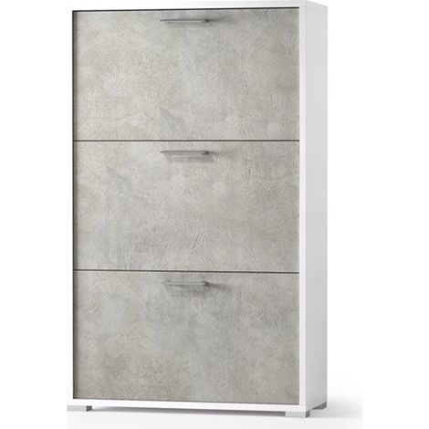 Scarpiera salvaspazio con tre ante a ribalta in legno bianco / cemento H 112 cm (1/3)
