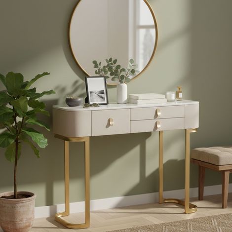 Dmora - Konsolentisch Bolzano, Tisch, Eingangskonsole, Regal, Creme und Gold, 100x40 h80 cm (1/5)