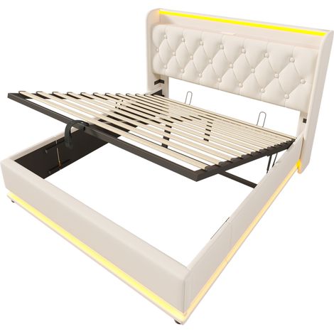 Cama doble tapizada PU blanca 160 x 200 cm con LED, arcón hidráulico y USB-C (1/5)