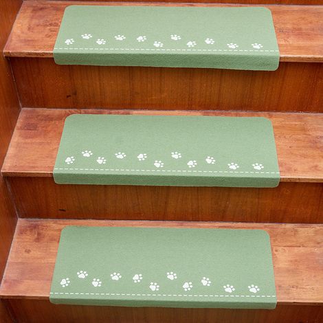 Ensemble de tapis de marche d'escalier  Vert avec des empreintes de pattes blanches  55224.5cm  3 pièces  Brille dans le noir  Tapis d'escalier antidérapants pour usage intérieur (1/5)