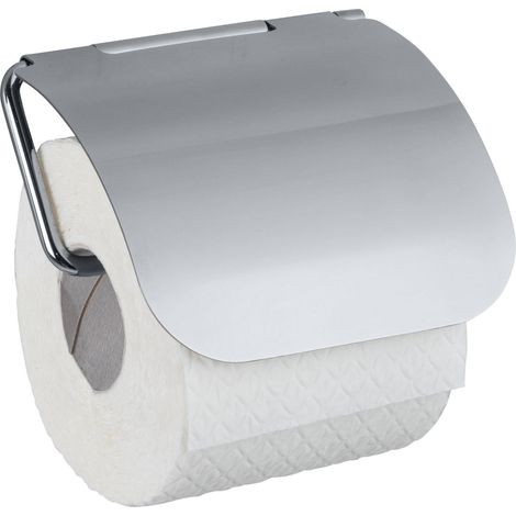 WENKO Porte Papier Toilette mural avec couvercle Osimo, dérouleur papier toilette fixation sans perçage "Static Loc Plus", Acier, 13x13,5x3 cm, brillant (1/5)