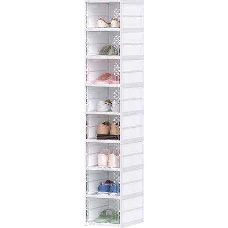 Cajas para zapatos apilables y plegables, 8 piezas, con puerta transparente, plástico blanco (1/5)