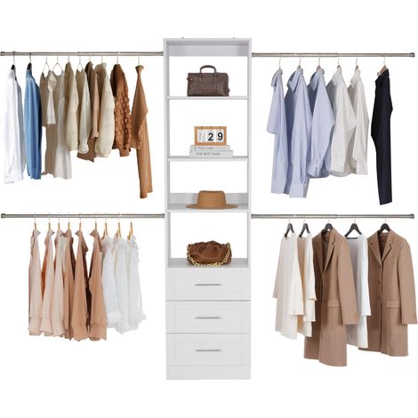 VEVOR Perchero Ajustable de Madera de 3 Cajones, Organizador de Armario con 4 Barras Extensibles 575-1020 mm, Sistema de Armario para Vestidores, Carga 362,7 kg, 1670–2560 x 379 x 2057 mm, Blanco (1/5)