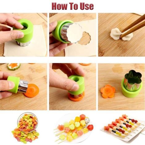9 tampons avec emporte-pièces fruits et légumes - Formes de cœur, d'étoile, de fleur et d'animal - Matrice de découpe créative - (1/5)