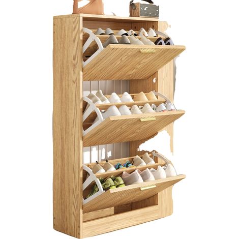 Zapatero, chapa de madera de alta calidad, 91 cm (alto) x 76 cm (ancho) x 36 cm (profundidad), compatible con varios tamaños de zapatos, tres puertas a prueba de polvo, cada estante soporta hasta 22,7 (1/5)