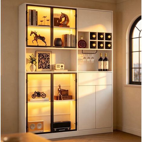 Vitrine de salon 140 x 30 x 200 cm, meuble de rangement blanc avec LED Bluetooth et 7 portes dont 4 en verre trempé, 1 tiroir et porte-verres pour salon moderne – CHICFURN (1/5)