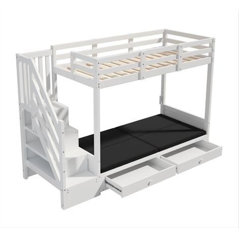 Cama litera infantil multifunción 90 x 200 cm blanca con escalera y almacenaje HOMVRA (1/5)